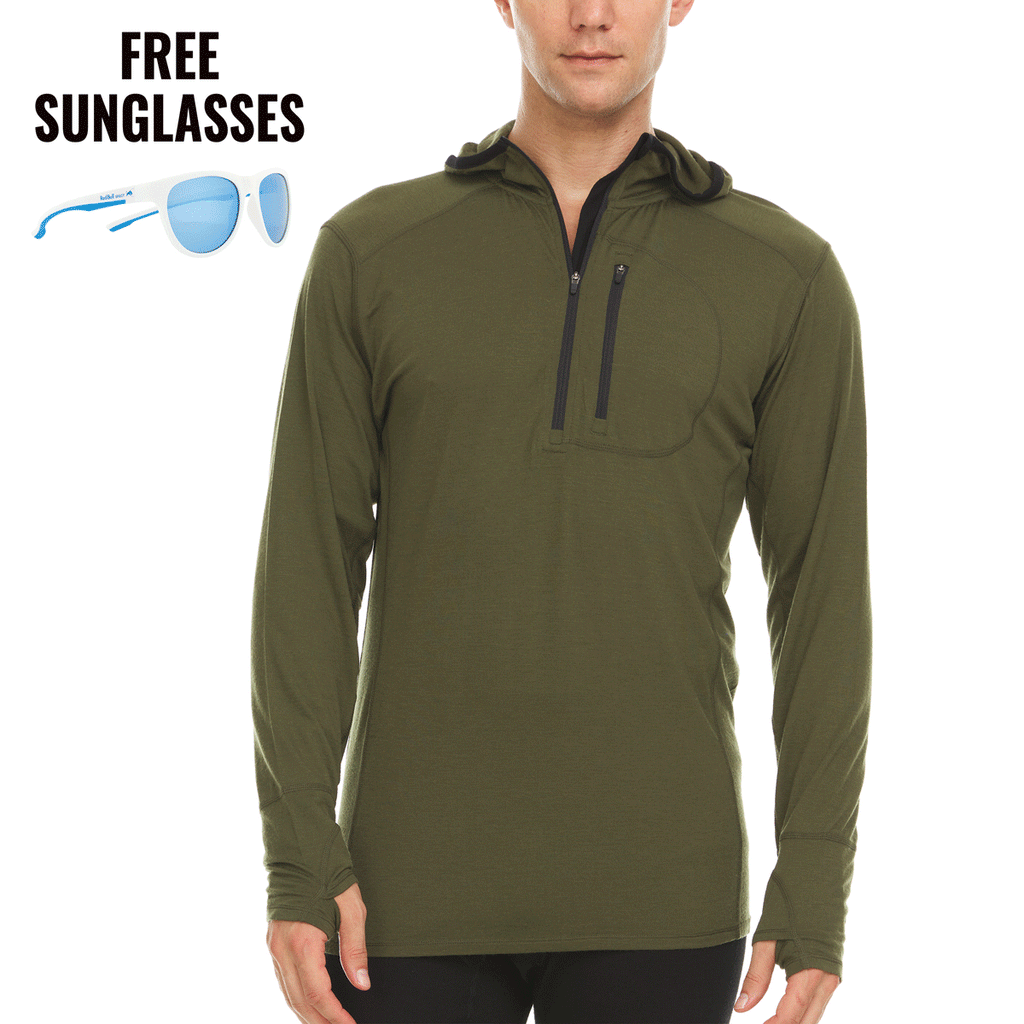 A men's Merino wool 1/4 zip sun hoodie in olive green with long sleeves and a chest pocket.