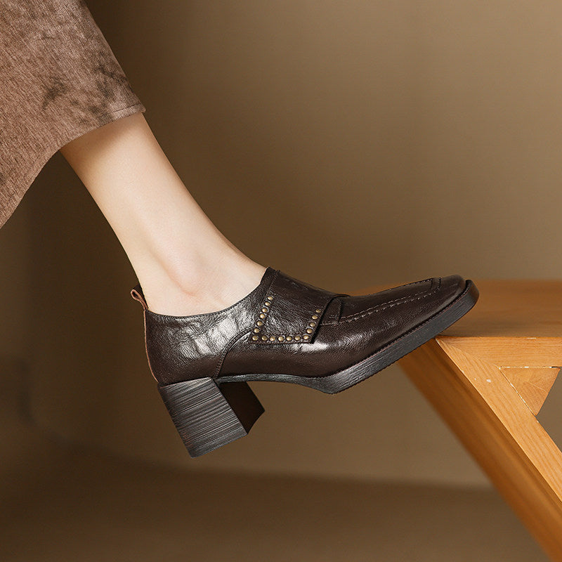 Black Square Toe Chunky Heel Pumps with Studded Accents