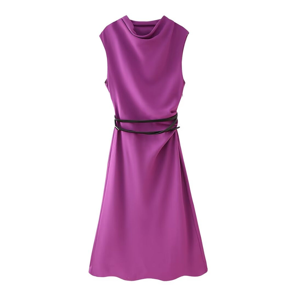 Fall Women Clothing Simple Thin with Belt Midi Dress