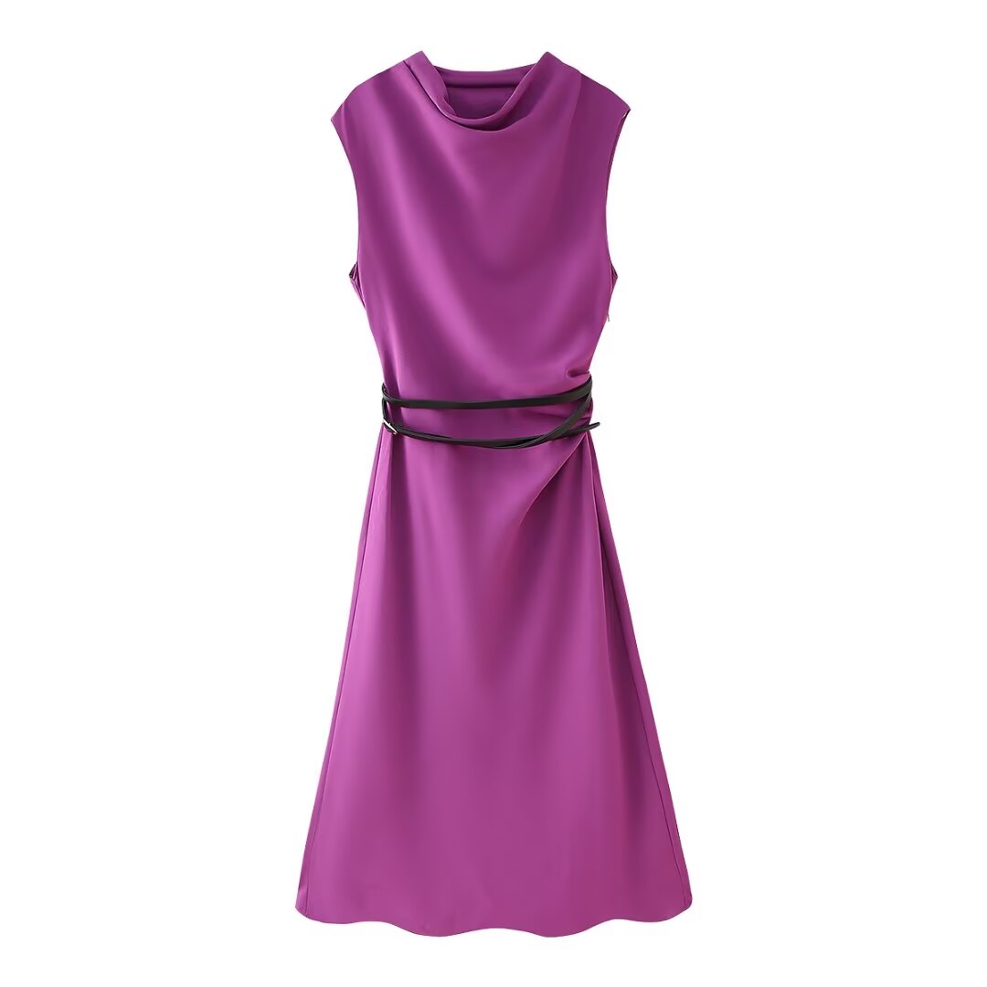 Fall Women Clothing Simple Thin with Belt Midi Dress