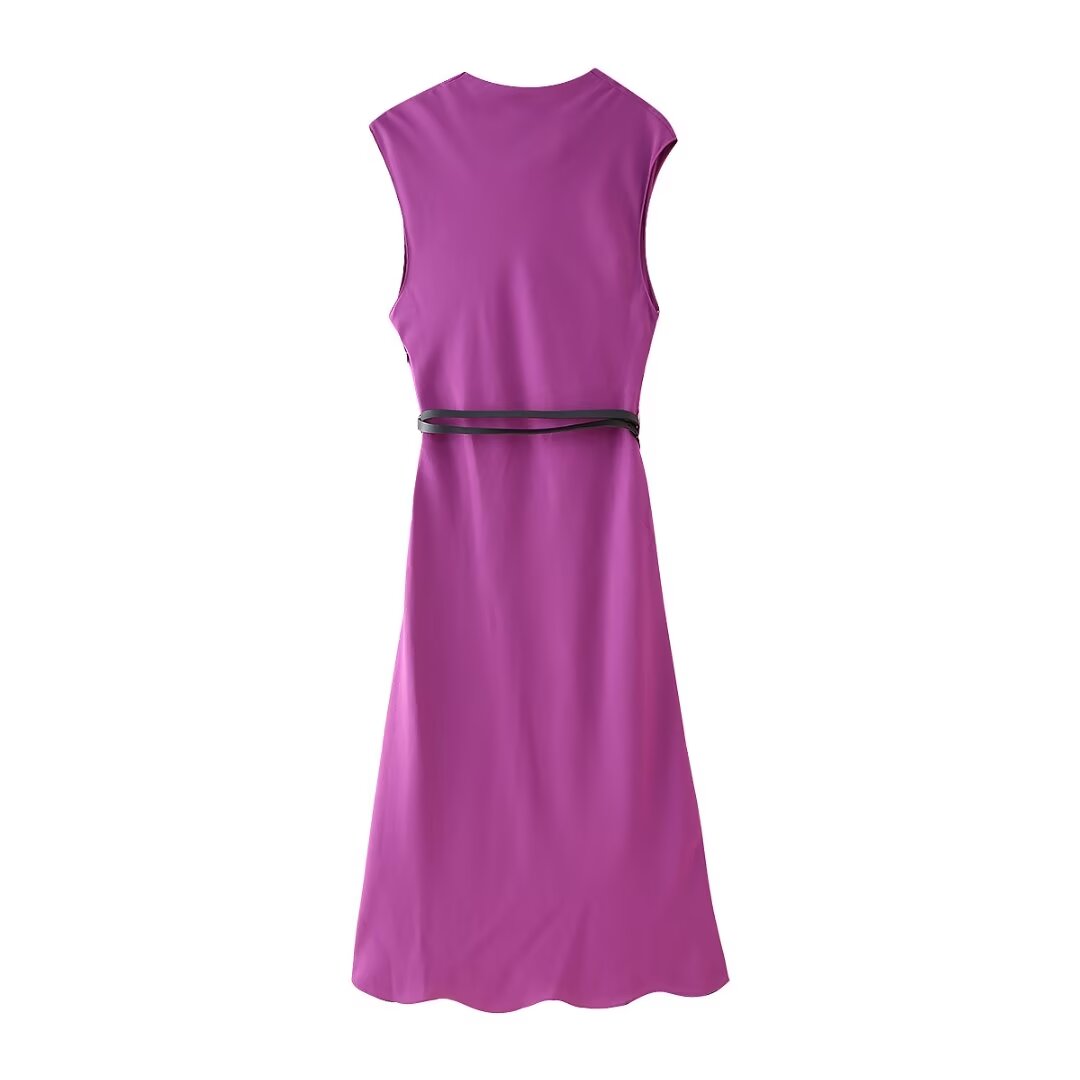 Fall Women Clothing Simple Thin with Belt Midi Dress