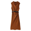 Fall Women Clothing Simple Thin with Belt Midi Dress