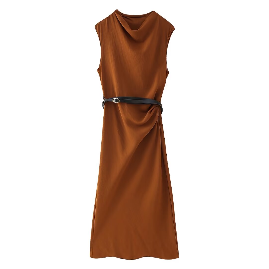Fall Women Clothing Simple Thin with Belt Midi Dress