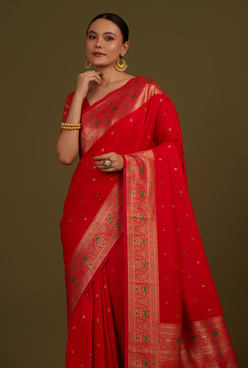 Elegant Red Banarasi Silk Blend Saree with Zari Woven Brocade