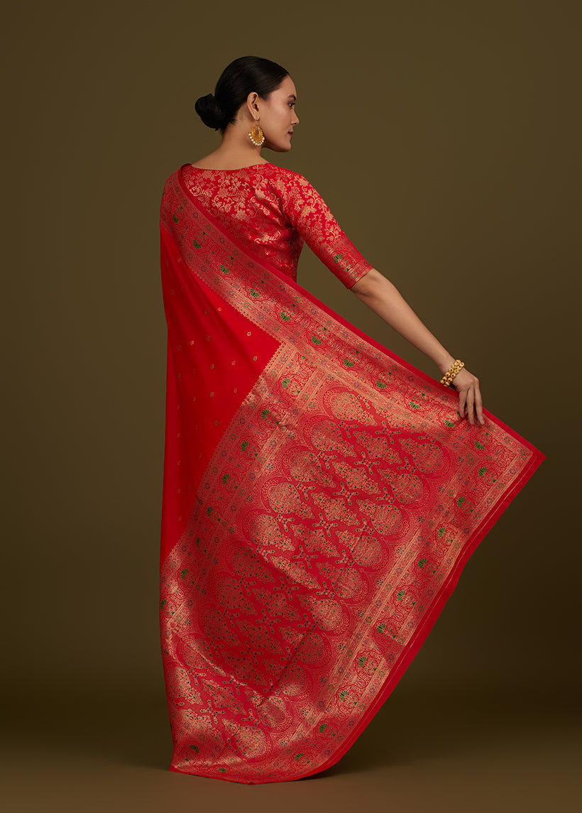 Elegant Red Banarasi Silk Blend Saree with Zari Woven Brocade