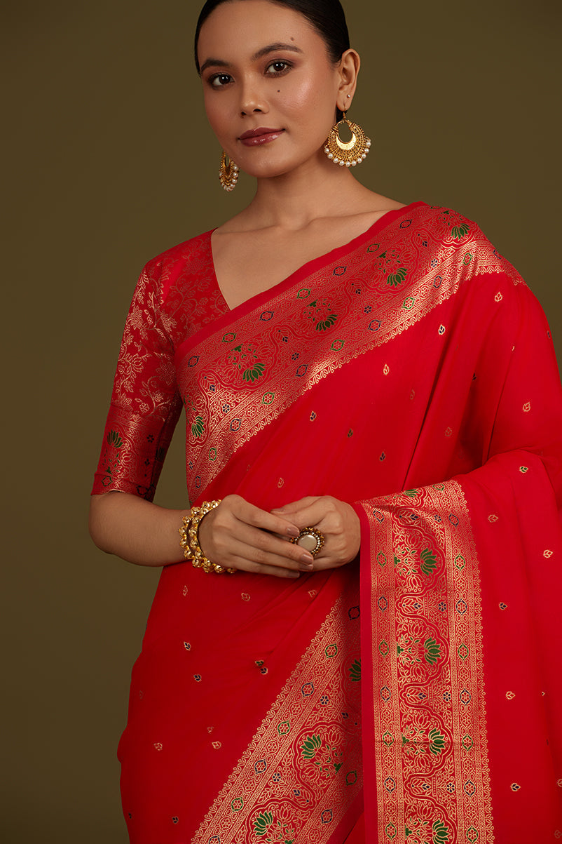 Elegant Red Banarasi Silk Blend Saree with Zari Woven Brocade