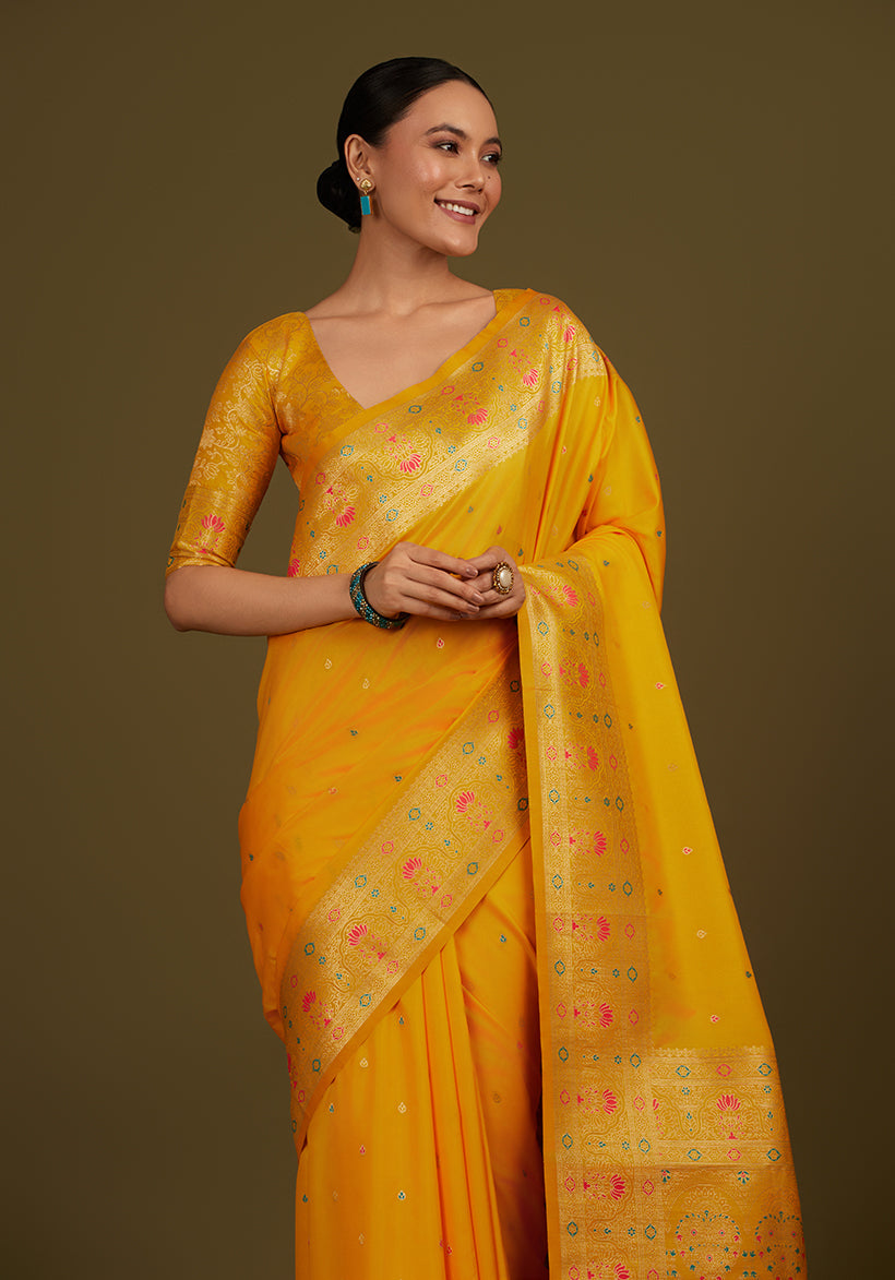 Yellow Banarasi Silk Blend Saree with Zari Woven Brocade Motifs