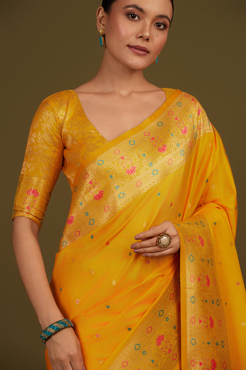 Yellow Banarasi Silk Blend Saree with Zari Woven Brocade Motifs