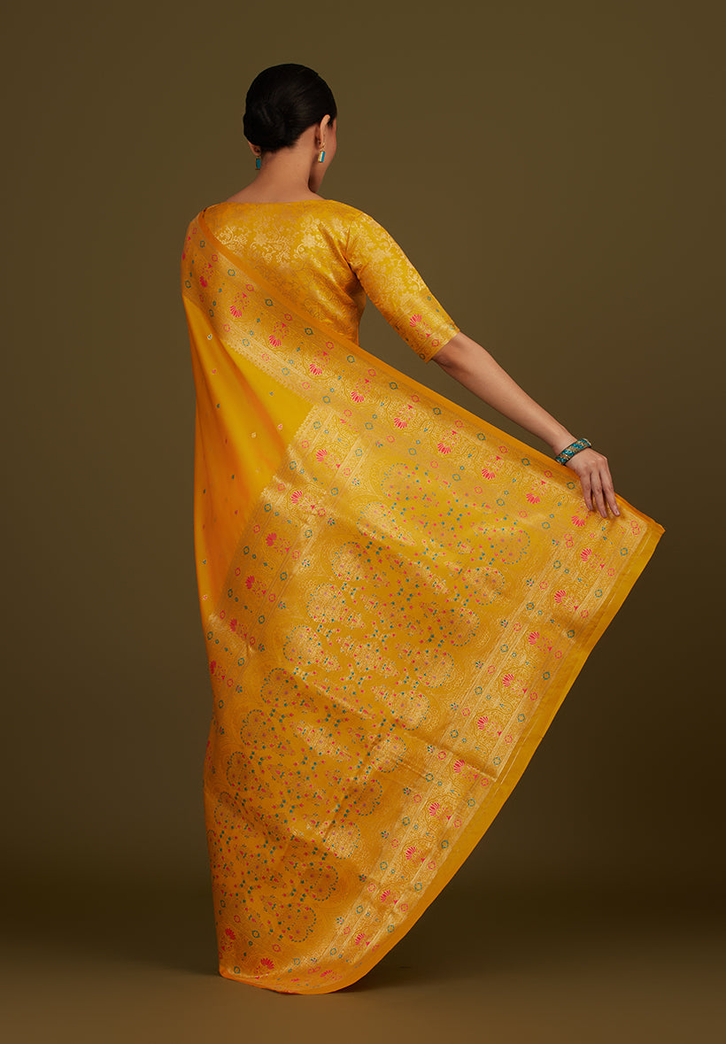 Yellow Banarasi Silk Blend Saree with Zari Woven Brocade Motifs