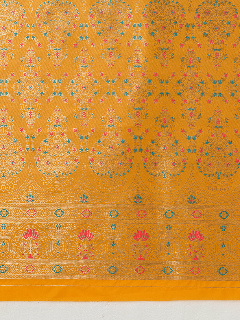 Yellow Banarasi Silk Blend Saree with Zari Woven Brocade Motifs