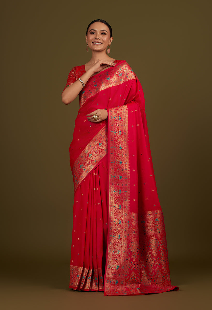 Hot Pink Banarasi silk blend saree with intricate brocade motifs and zari work