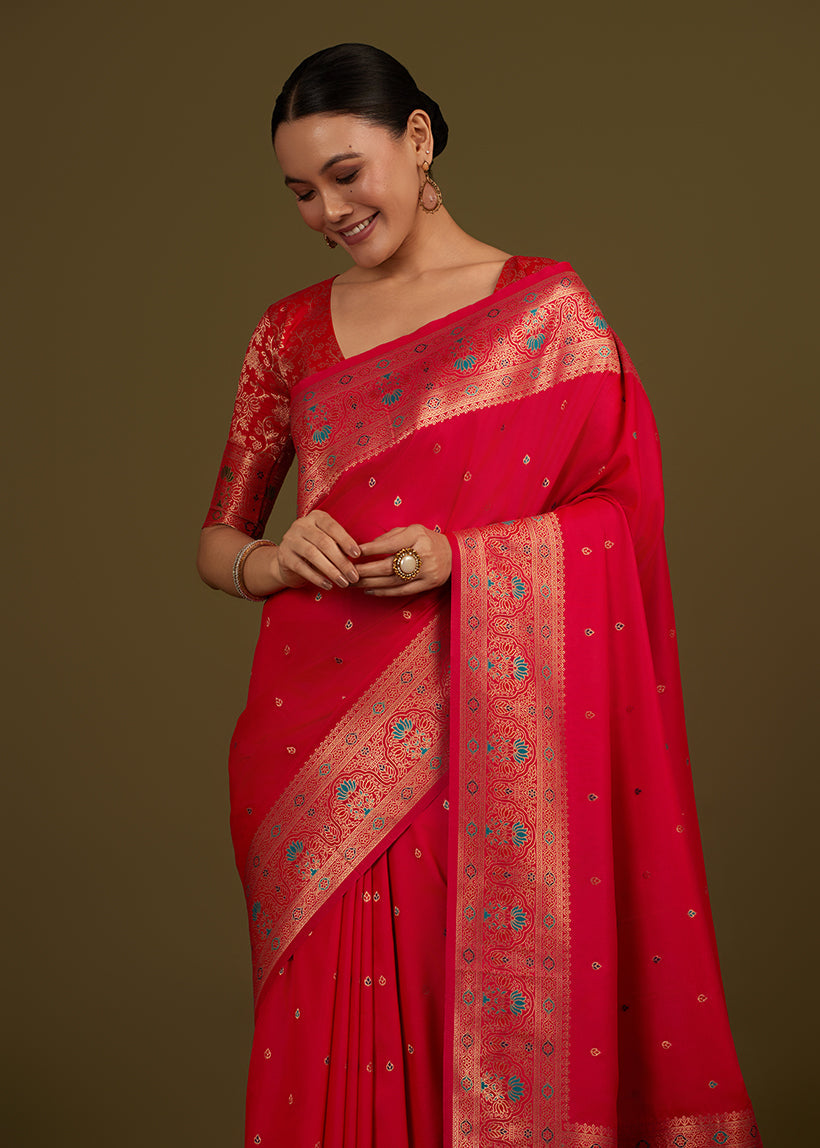 Hot Pink Banarasi Silk Blend Saree with Brocade Motifs