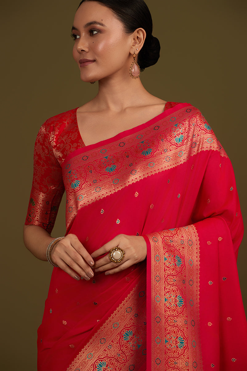 Hot Pink Banarasi Silk Blend Saree with Brocade Motifs