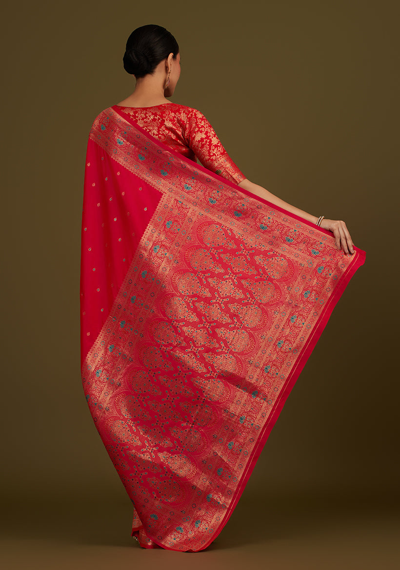 Hot Pink Banarasi Silk Blend Saree with Brocade Motifs