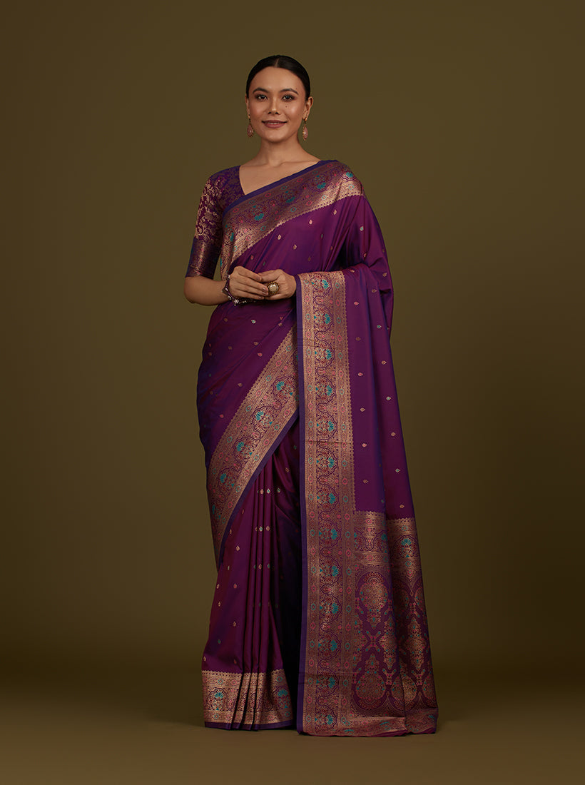 Dark purple Banarasi silk blend saree with brocade motifs and zari weave