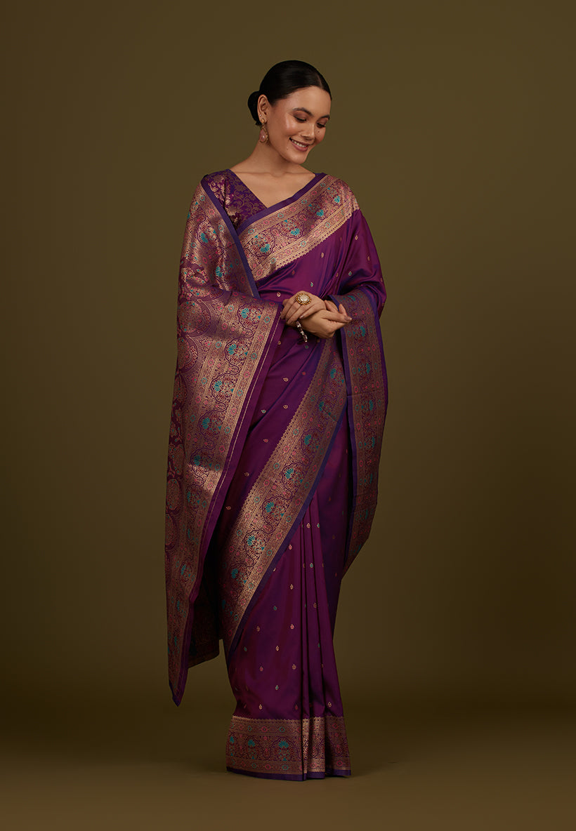 Dark Purple Banarasi Silk Blend Saree with Brocade Motifs