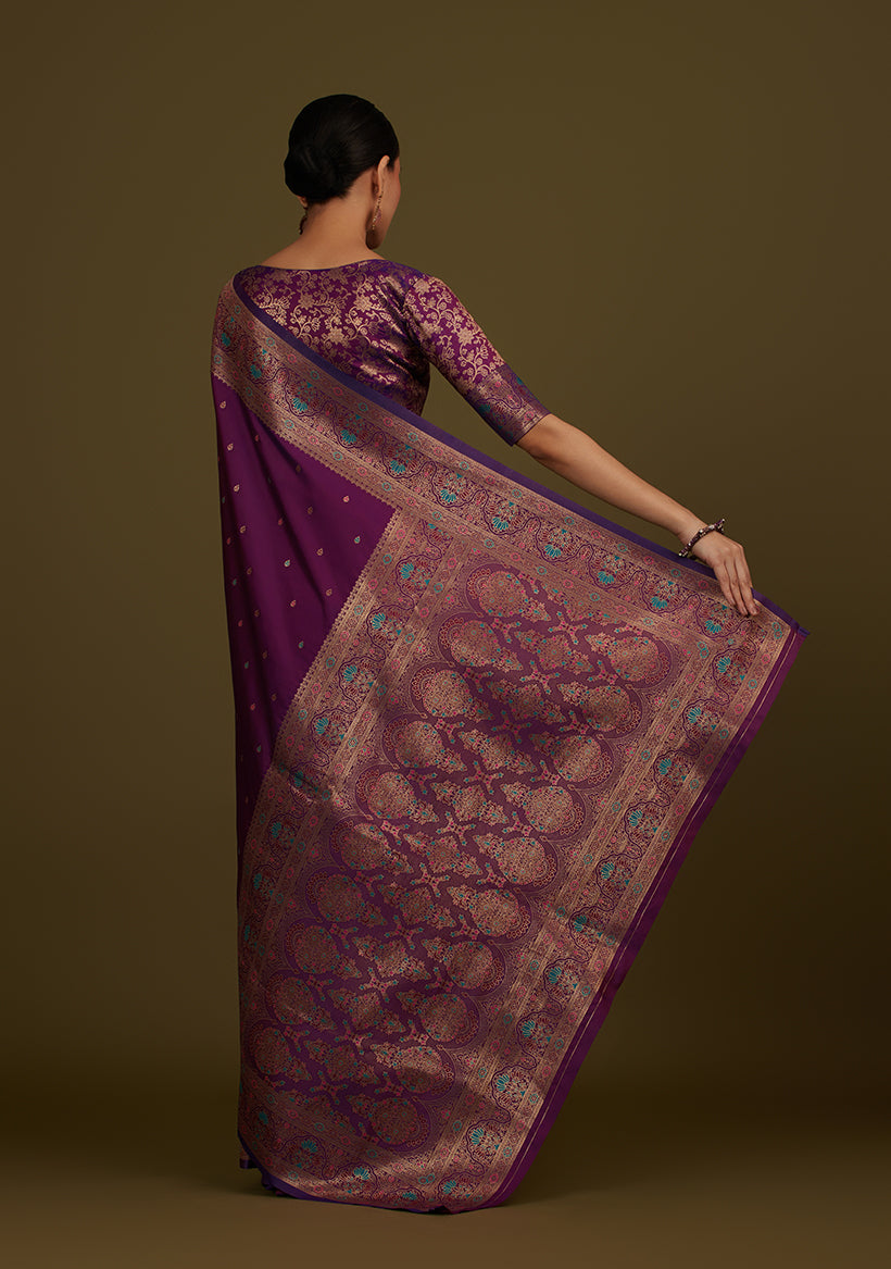 Dark Purple Banarasi Silk Blend Saree with Brocade Motifs
