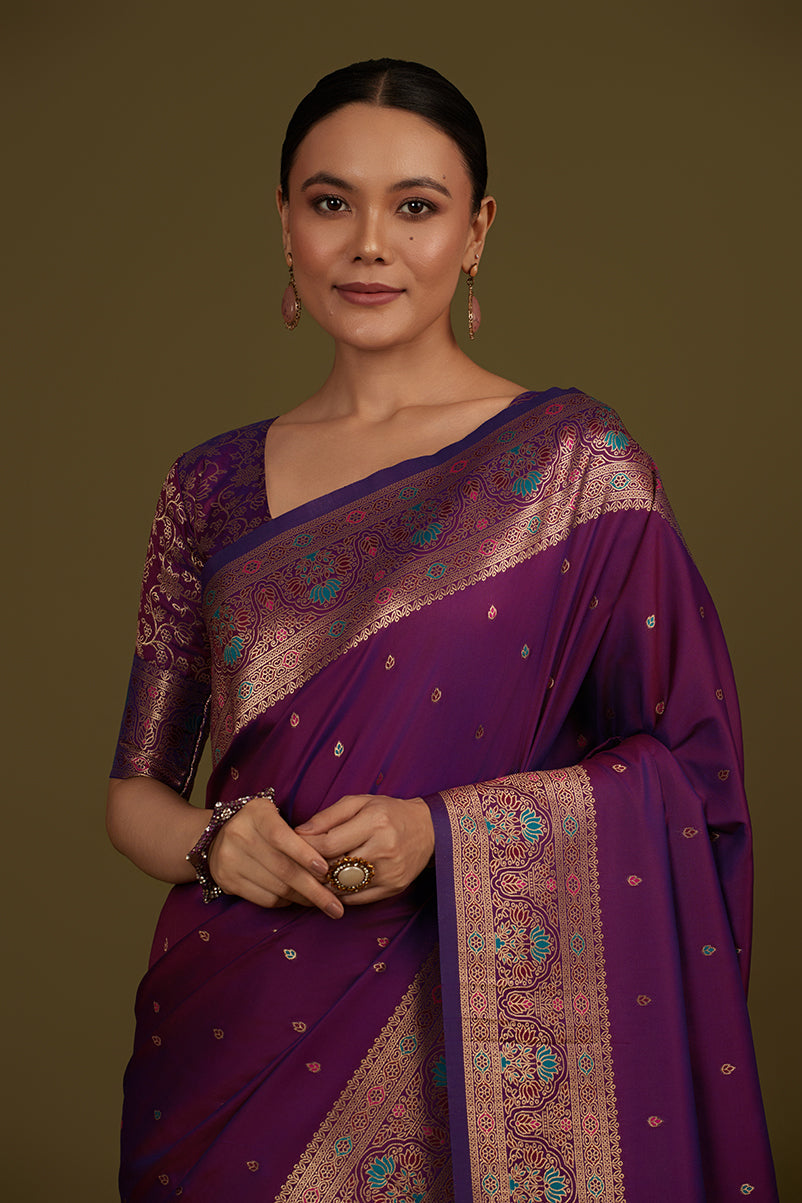 Dark Purple Banarasi Silk Blend Saree with Brocade Motifs
