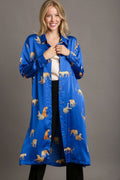Bold animal print satin button-down midi shirt dress in blue, gold, and orange