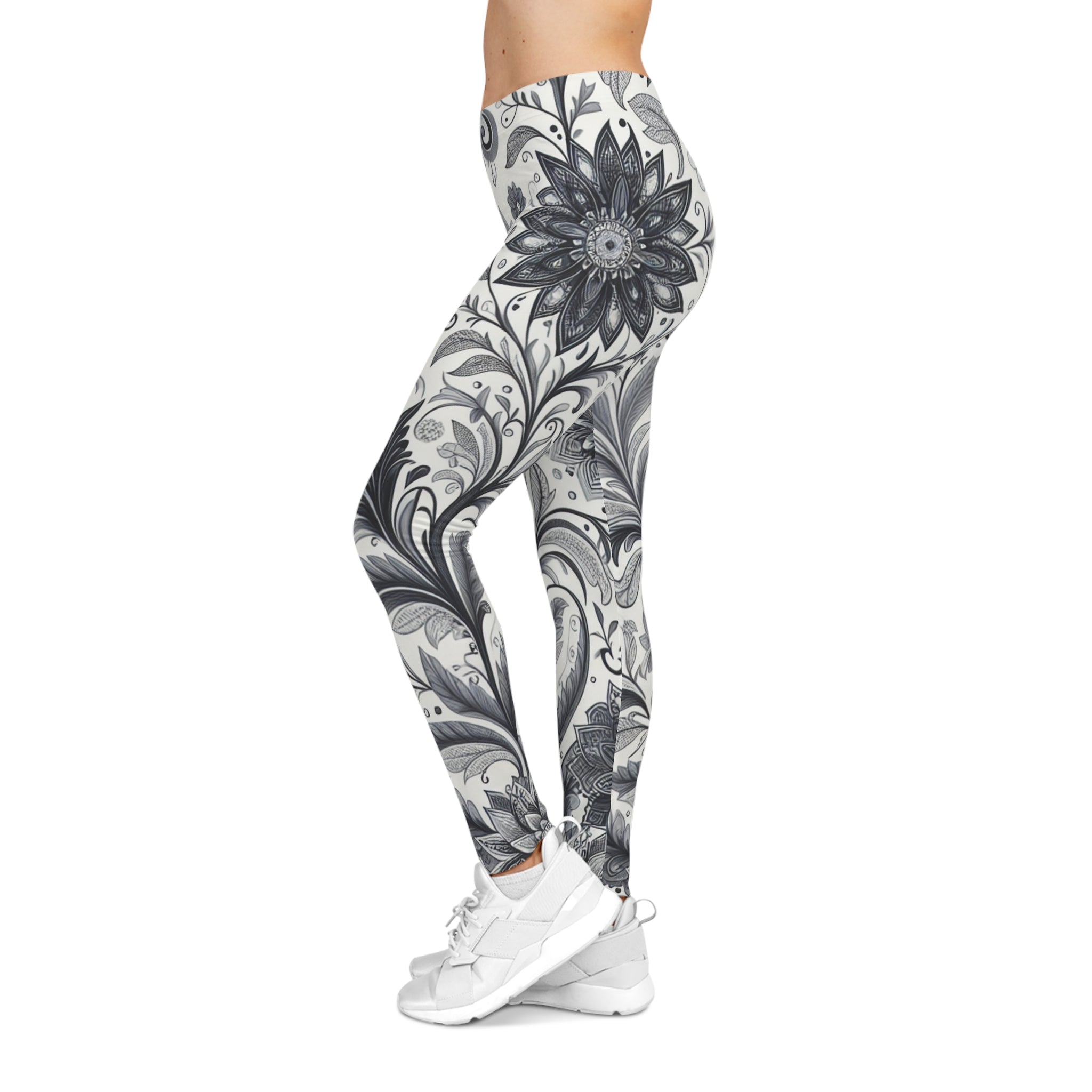 Women's High-Rise Floral Leggings, Black and White Athletic Pants