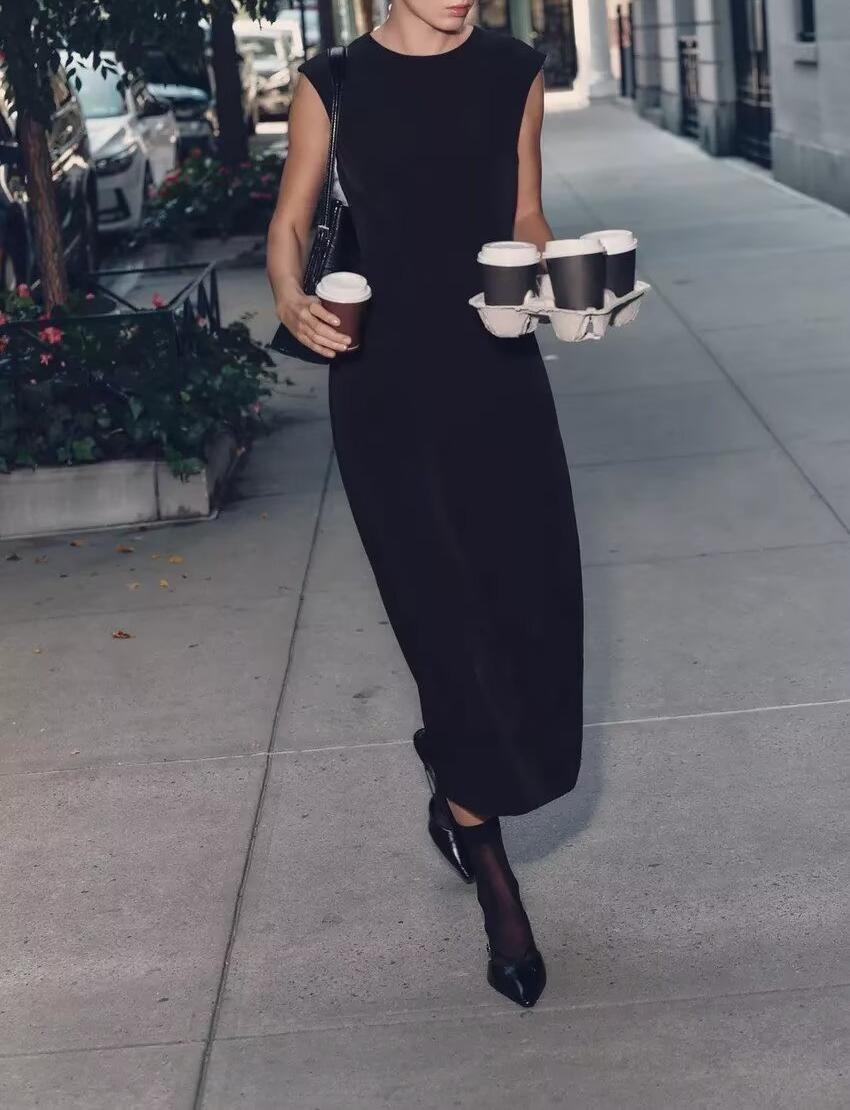 Autumn Winter Pleated Decorative Sleeveless Round Neck Midi Dress Women Intellectual Black Waist Tight Professional Dress