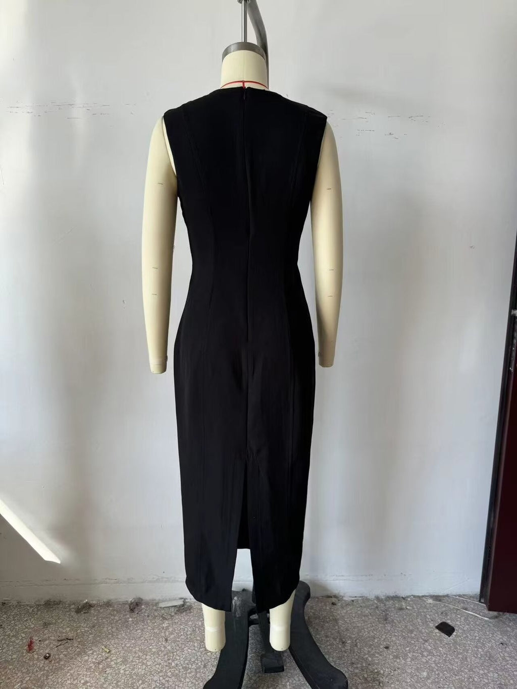 Autumn Winter Pleated Decorative Sleeveless Round Neck Midi Dress Women Intellectual Black Waist Tight Professional Dress