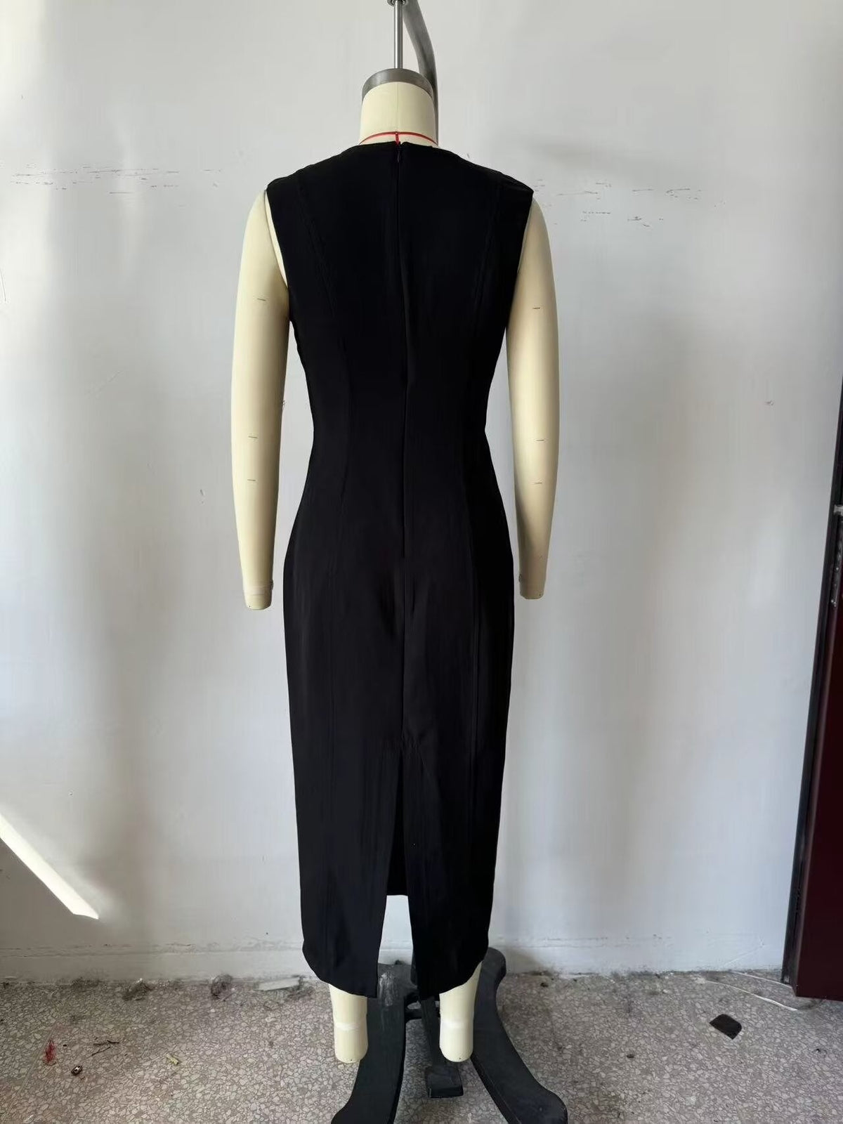 Autumn Winter Pleated Decorative Sleeveless Round Neck Midi Dress Women Intellectual Black Waist Tight Professional Dress