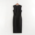 Autumn Winter Pleated Decorative Sleeveless Round Neck Midi Dress Women Intellectual Black Waist Tight Professional Dress