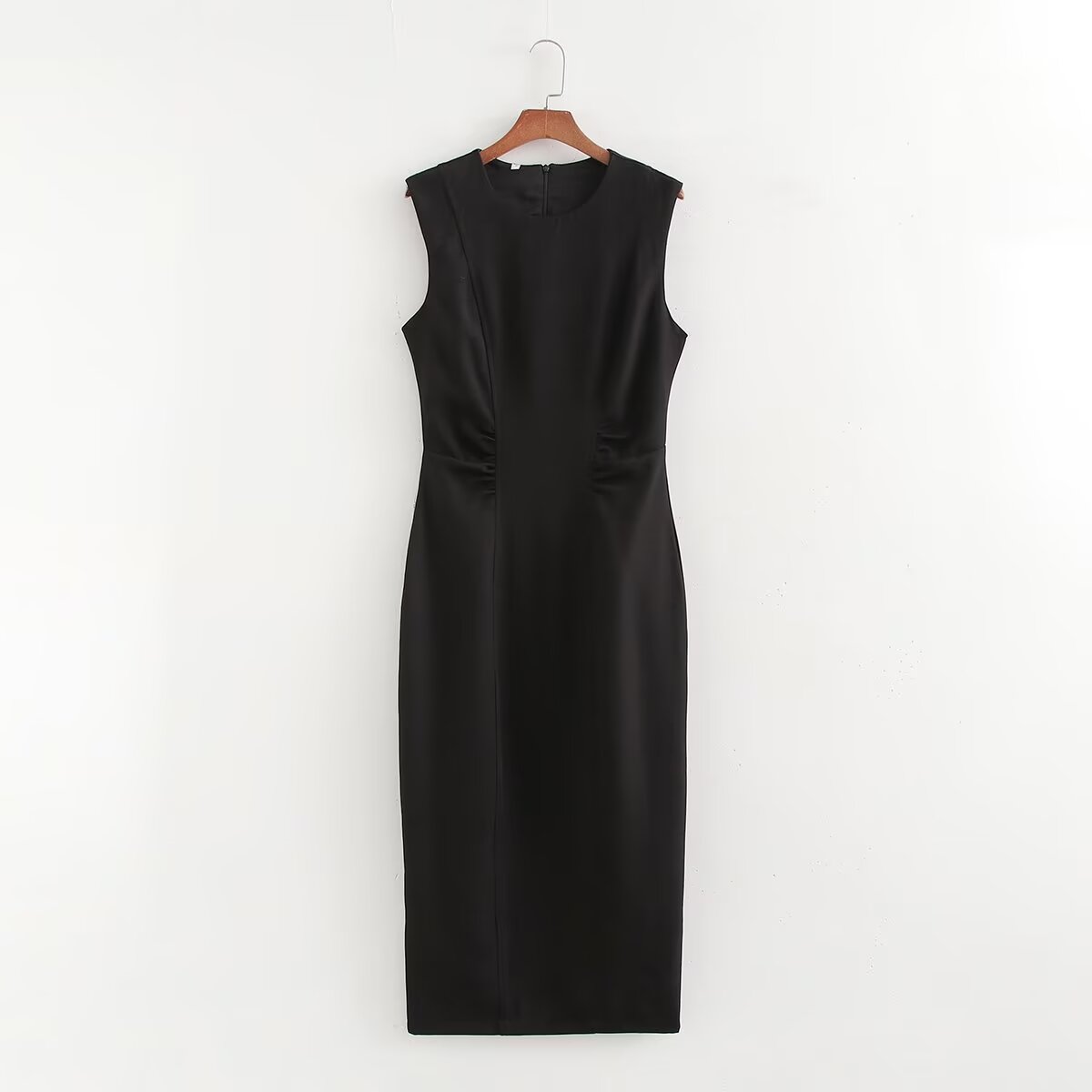 Autumn Winter Pleated Decorative Sleeveless Round Neck Midi Dress Women Intellectual Black Waist Tight Professional Dress
