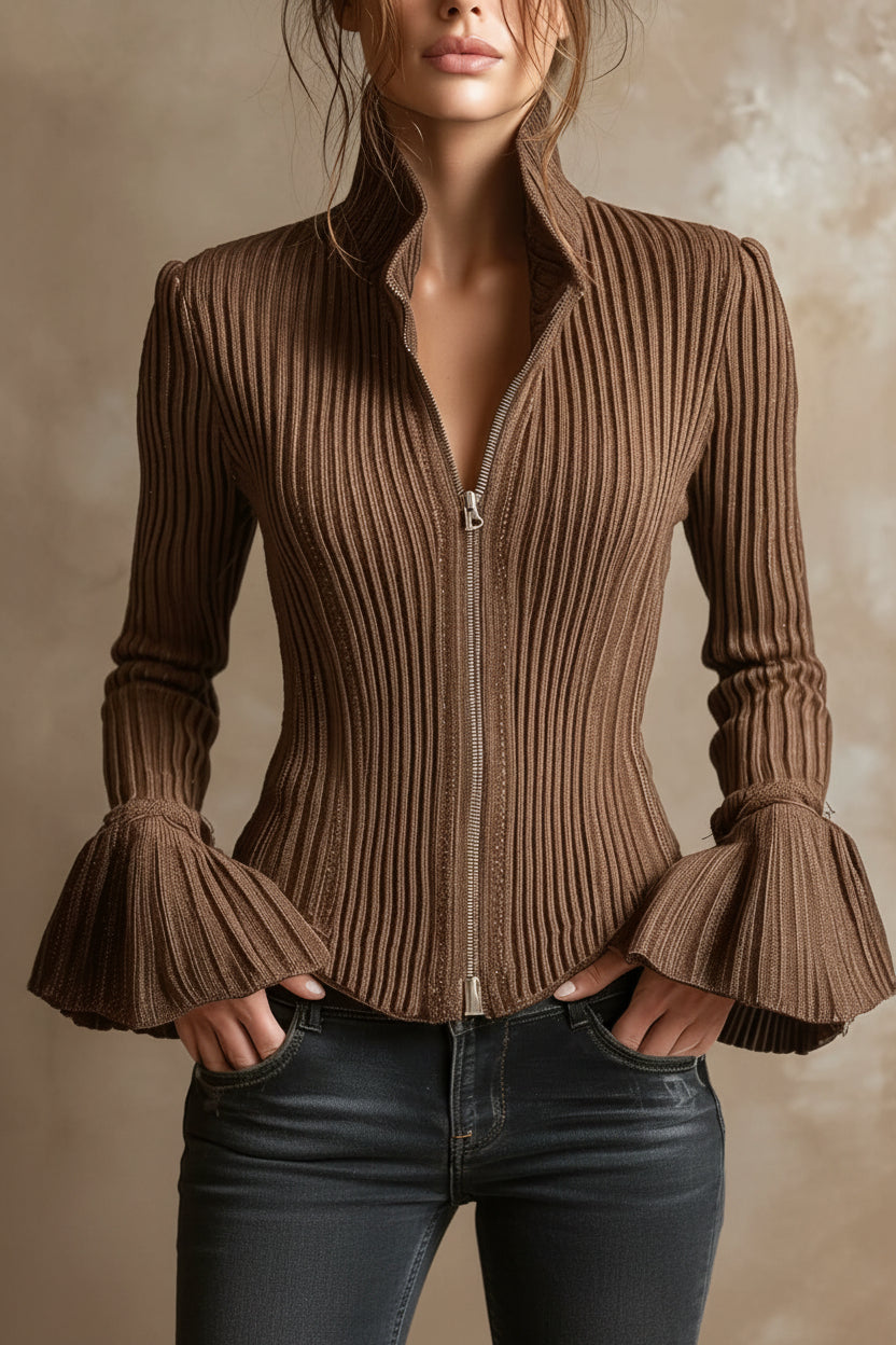 Women's Slim-Fit Rib-Knit Zip-Up Top with Flared Cuffs