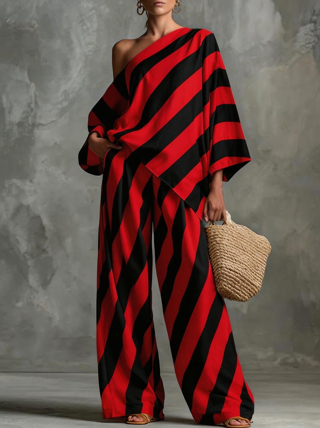 Women's Striped One-Shoulder Top and Wide-Leg Pants Set - Image 10