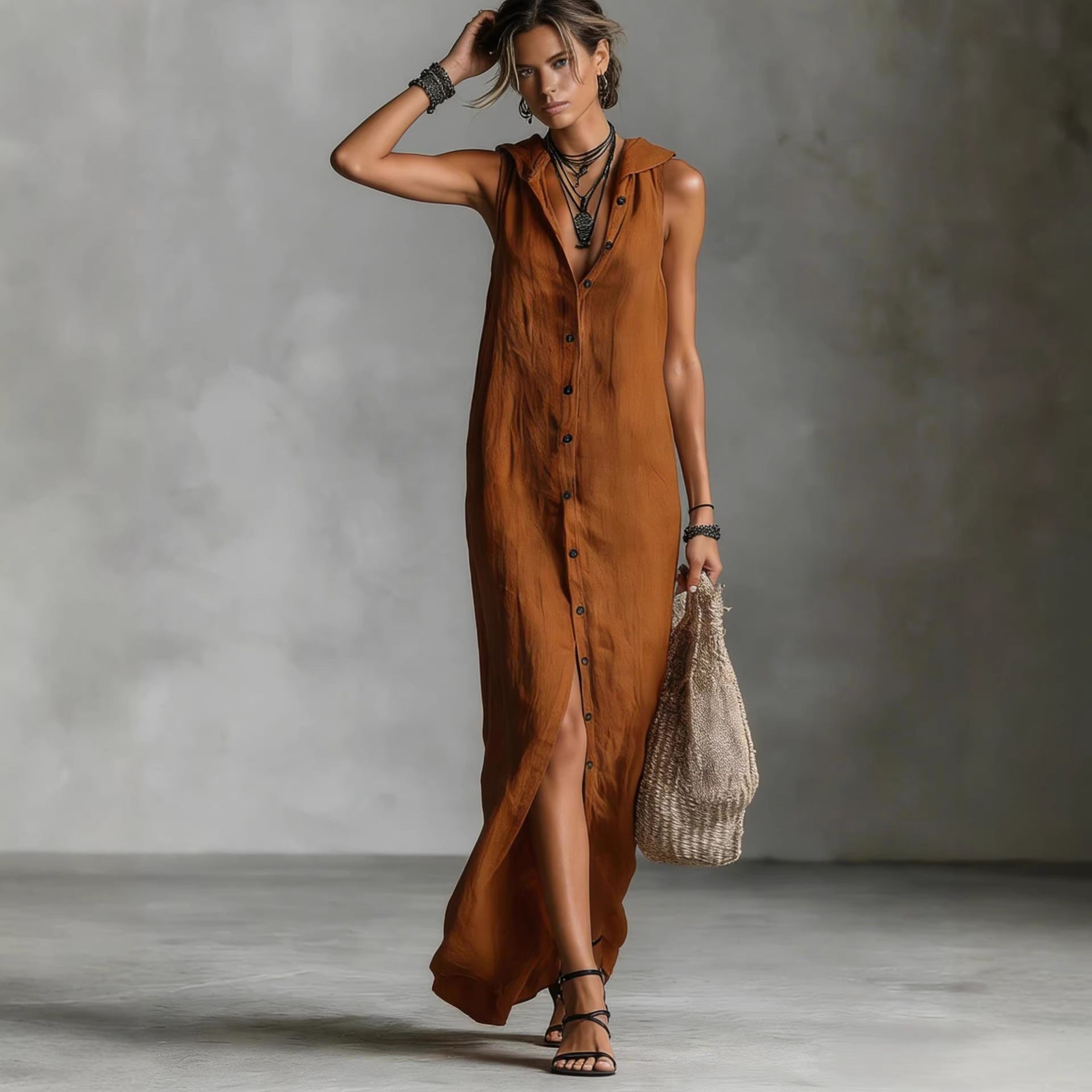 Women's Sleeveless Button-Down Hooded Maxi Dress - Image 4
