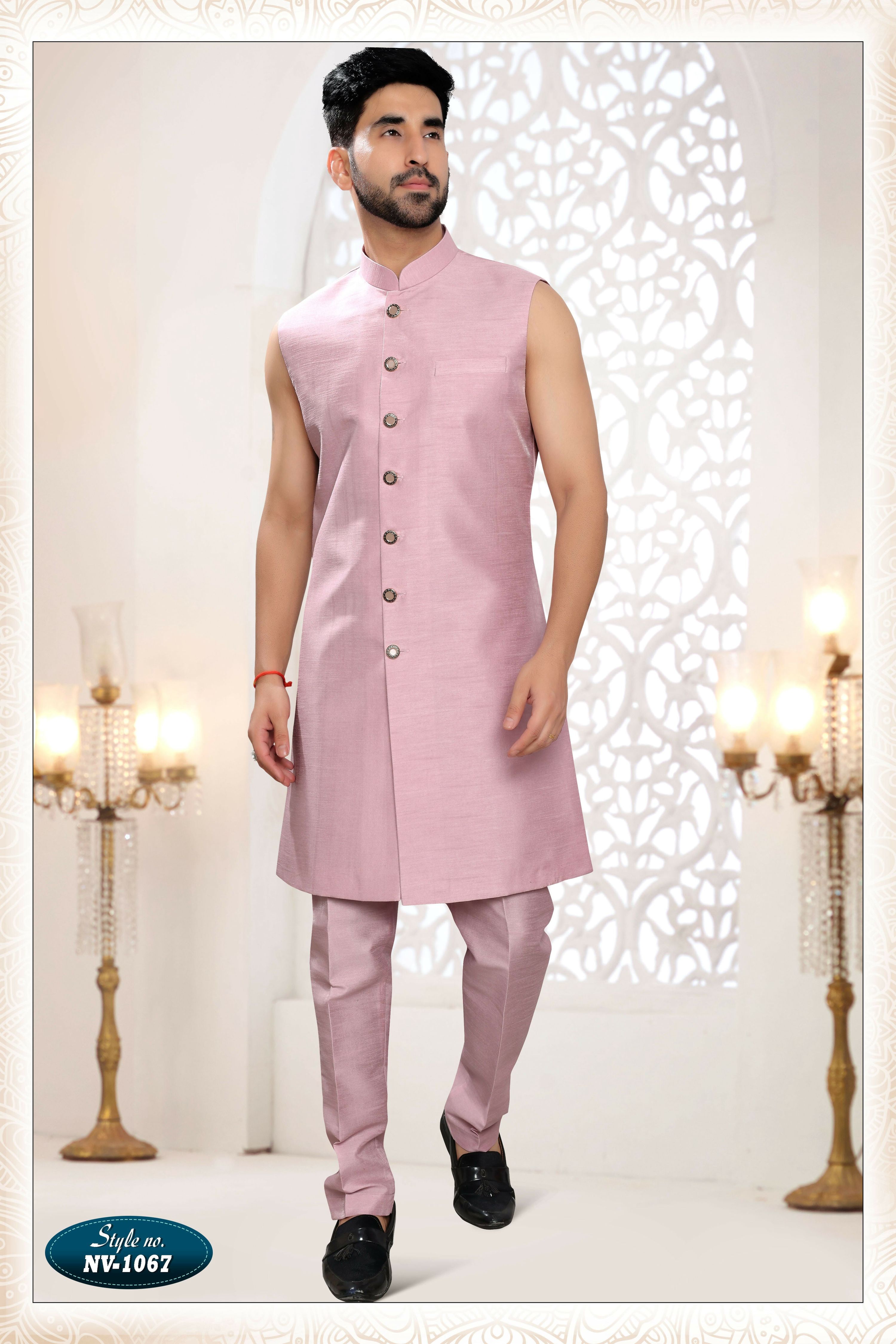 Men's Pink Straight Silk Kurta Set with Thread and Sequence Work