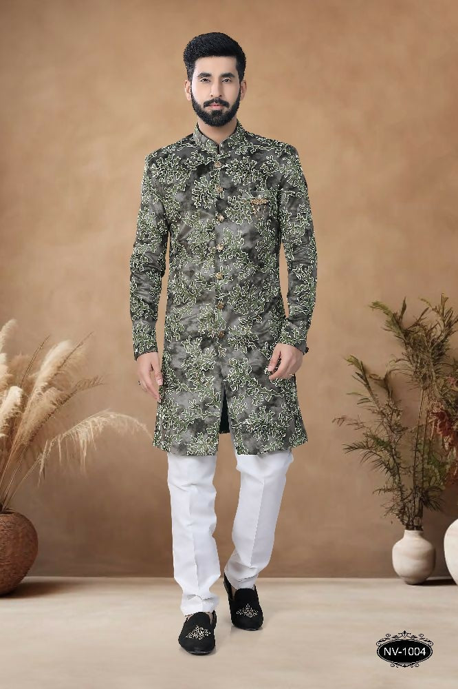 Men's green suede velvet Indo-Western kurta with intricate thread and sequence embroidery work.