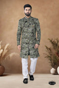 Men's green suede velvet Indo-Western kurta with intricate thread and sequence embroidery work.