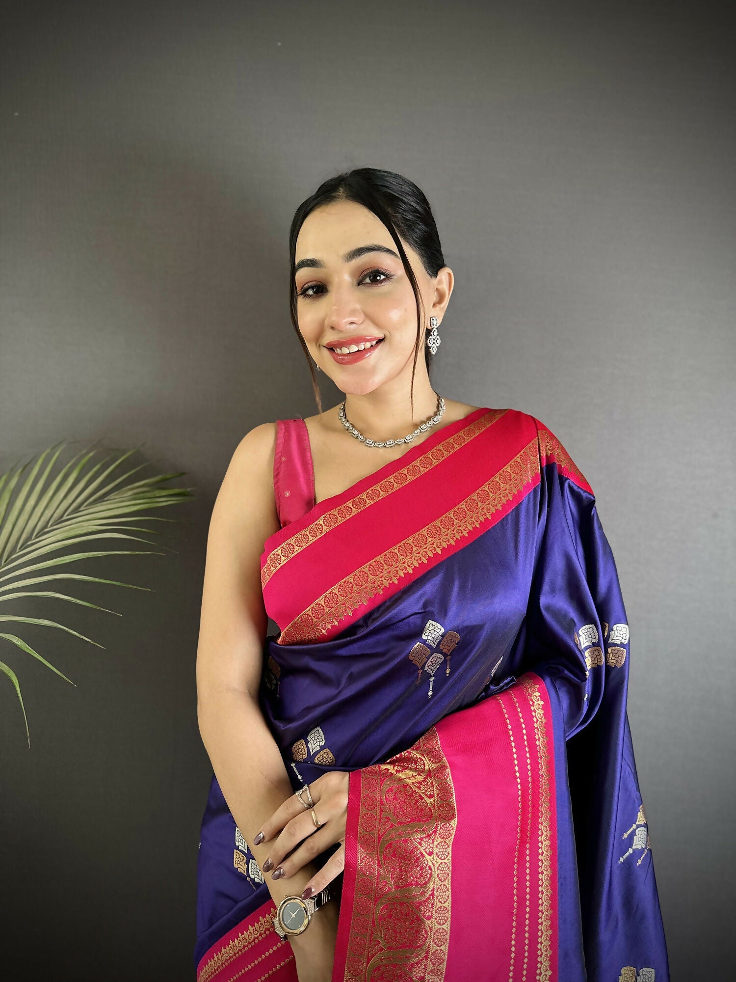 Violet Banarasi Soft Silk Saree with Magenta Blouse Piece
