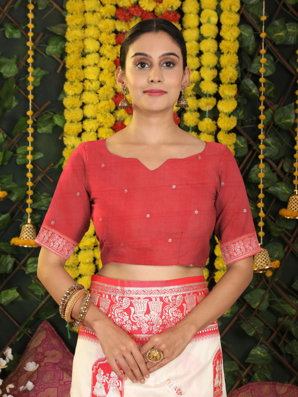 Elegant White Silk Saree with Contrast Red Blouse for Parties