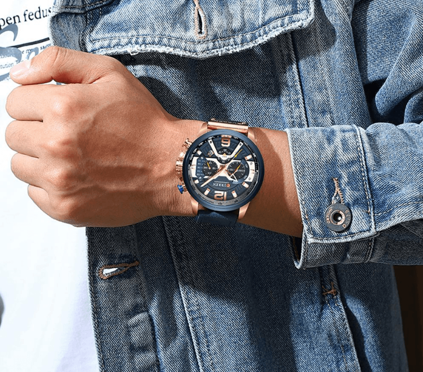 Men's Waterproof Sports Chronograph Watch with Leather Strap