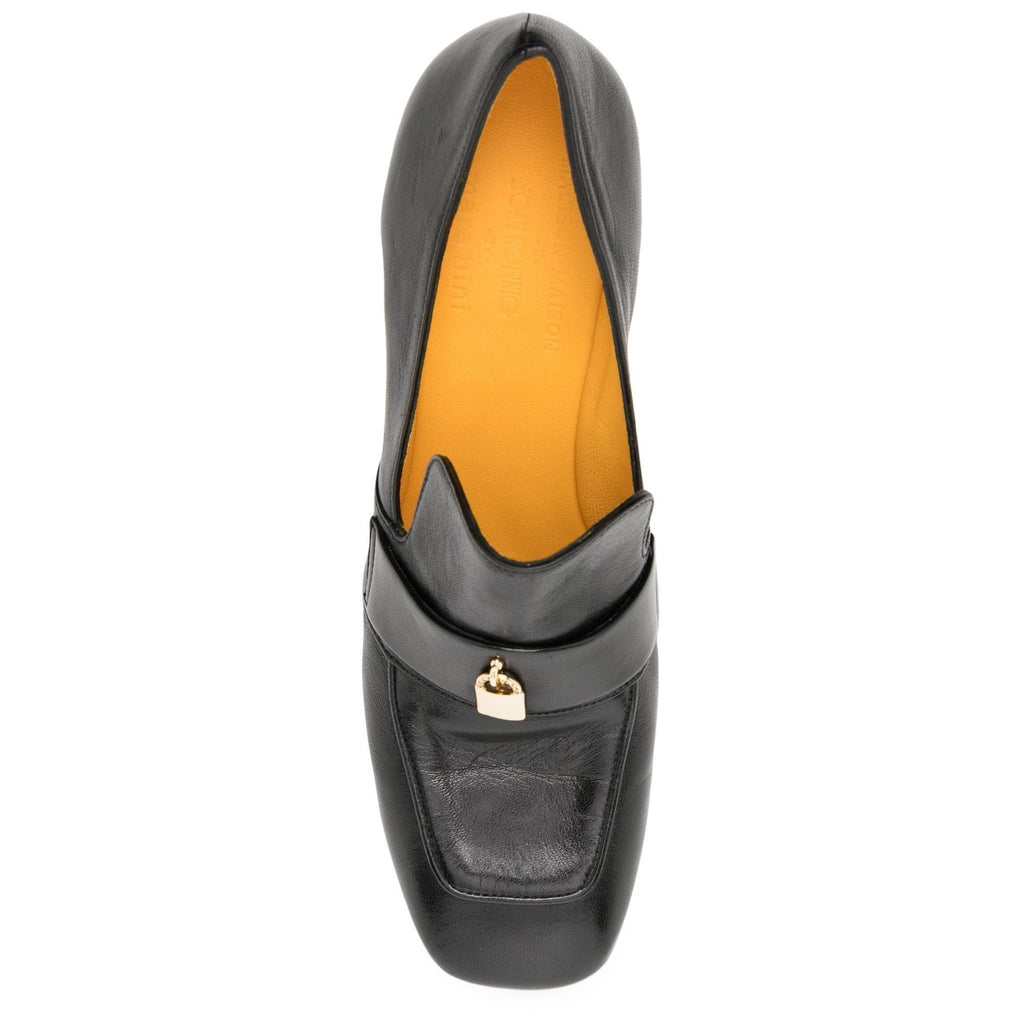 Black Leather Lock Heel Loafer