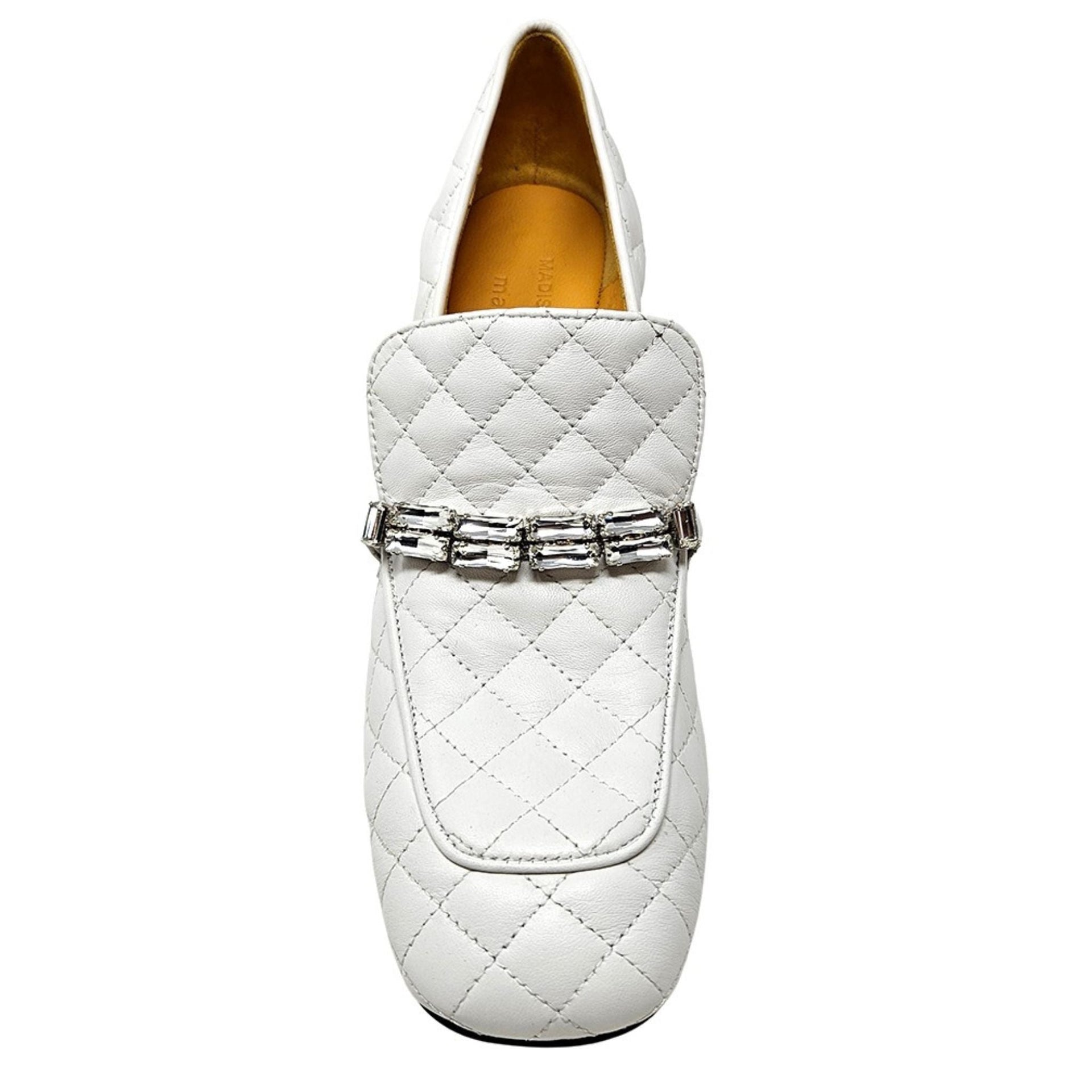 White Quilted Leather Loafer Heels with Jeweled Detail - Image 4