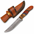 Hand-Forged Damascus Steel Trailing Point Skinning Knife – Rosewood, Red Padauk, Blue Resin & Tiger Bamboo Handle with Hand-Tooled Leather Sheath TKT-9
