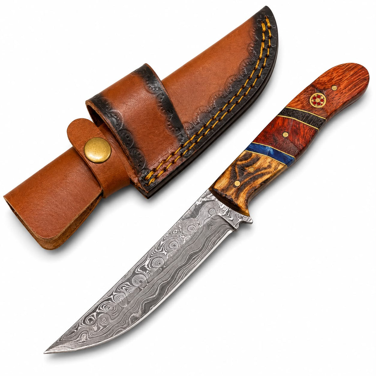 Hand-Forged Damascus Steel Trailing Point Skinning Knife – Rosewood, Red Padauk, Blue Resin & Tiger Bamboo Handle with Hand-Tooled Leather Sheath TKT-9