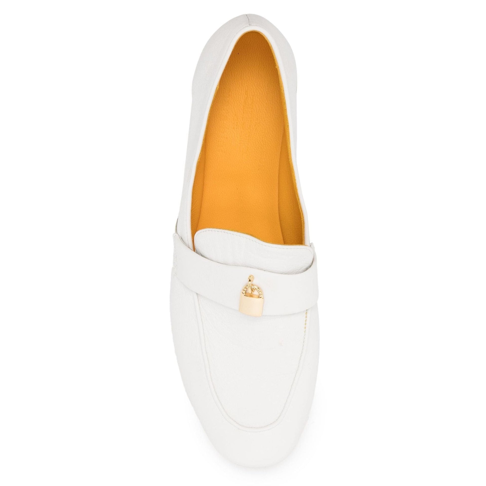 White Leather Lock Flat Loafers with Gold Hardware Details - Image 4