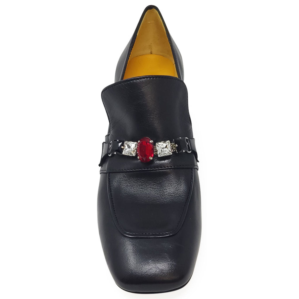 Black Leather Mid Heel Jeweled Loafer