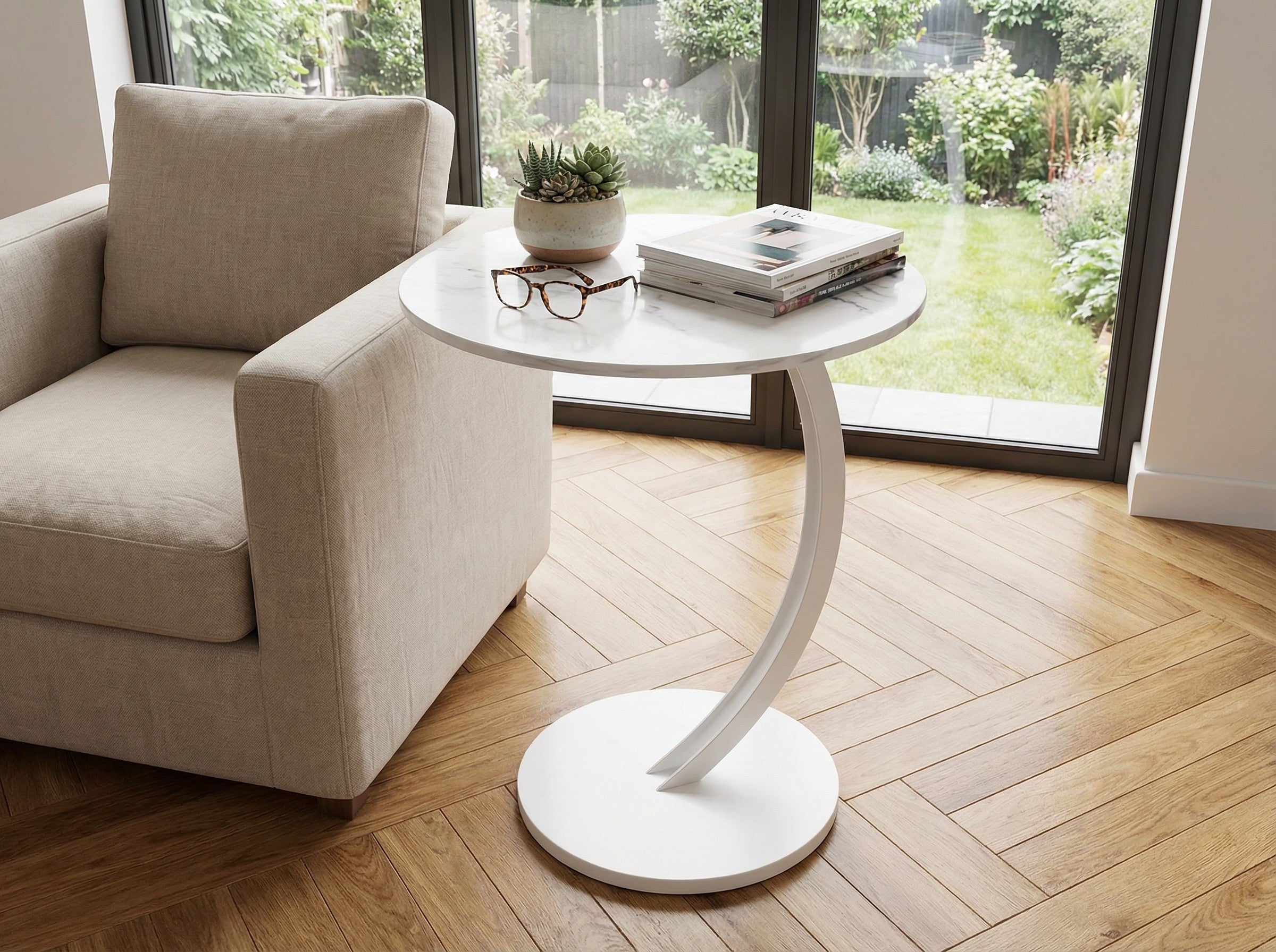 Modern Round Side Table with Wrought Iron Base for Living Room