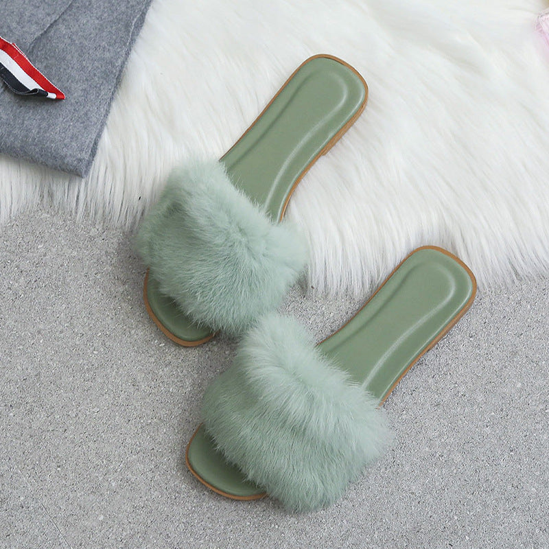 Women’s Faux Fur Slides – Open Toe Fluffy Flat Sandals