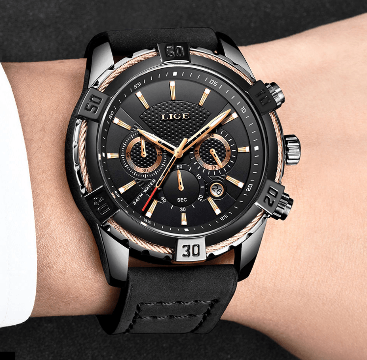 Waterproof Men's Chronograph Watch with Gold Accents and Date