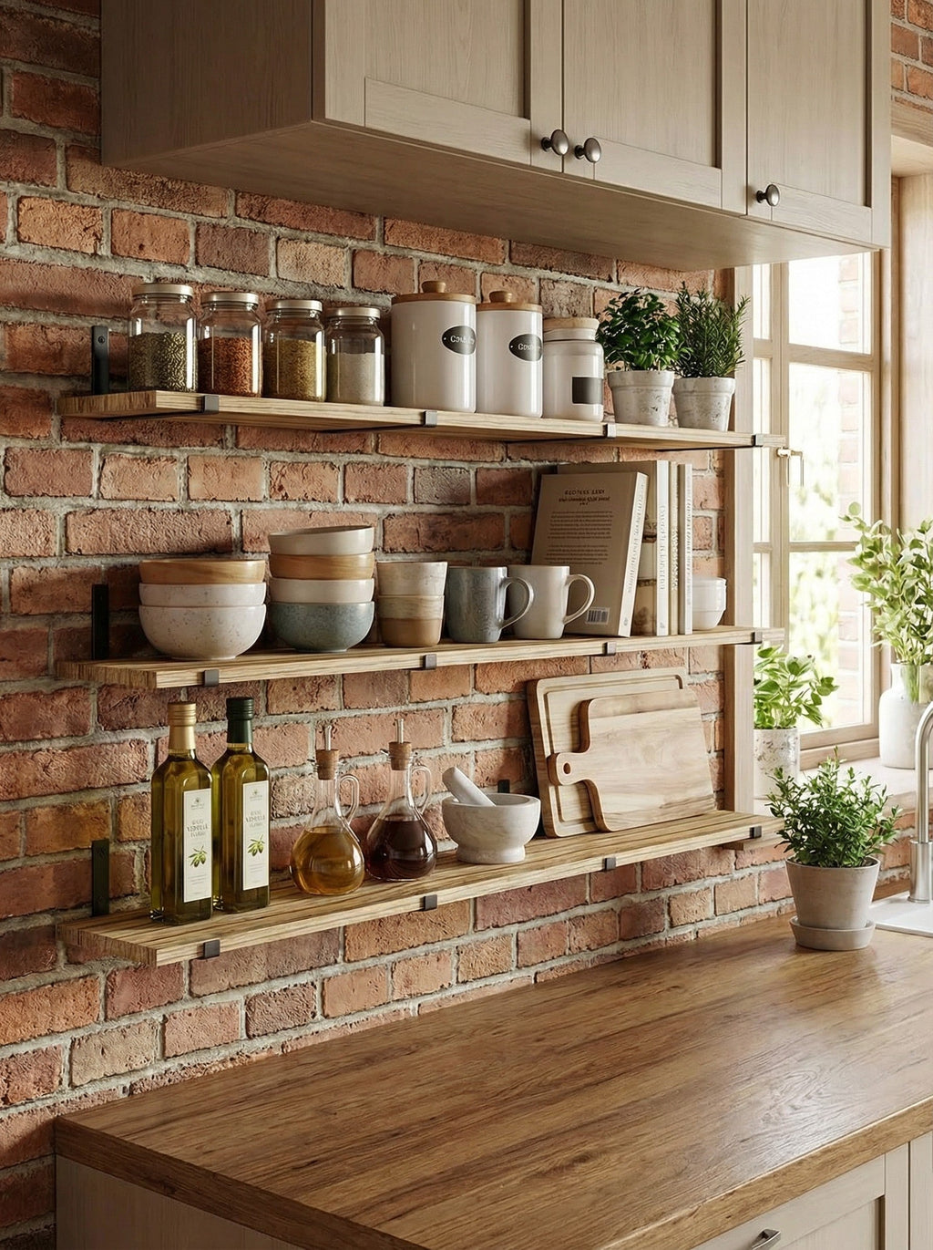 Rustic Wood Floating Shelves with Industrial Metal Brackets