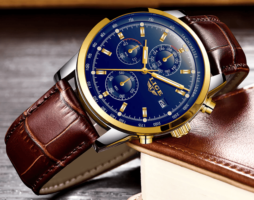 Waterproof Men's Quartz Watch with Chronometers and Brown Strap