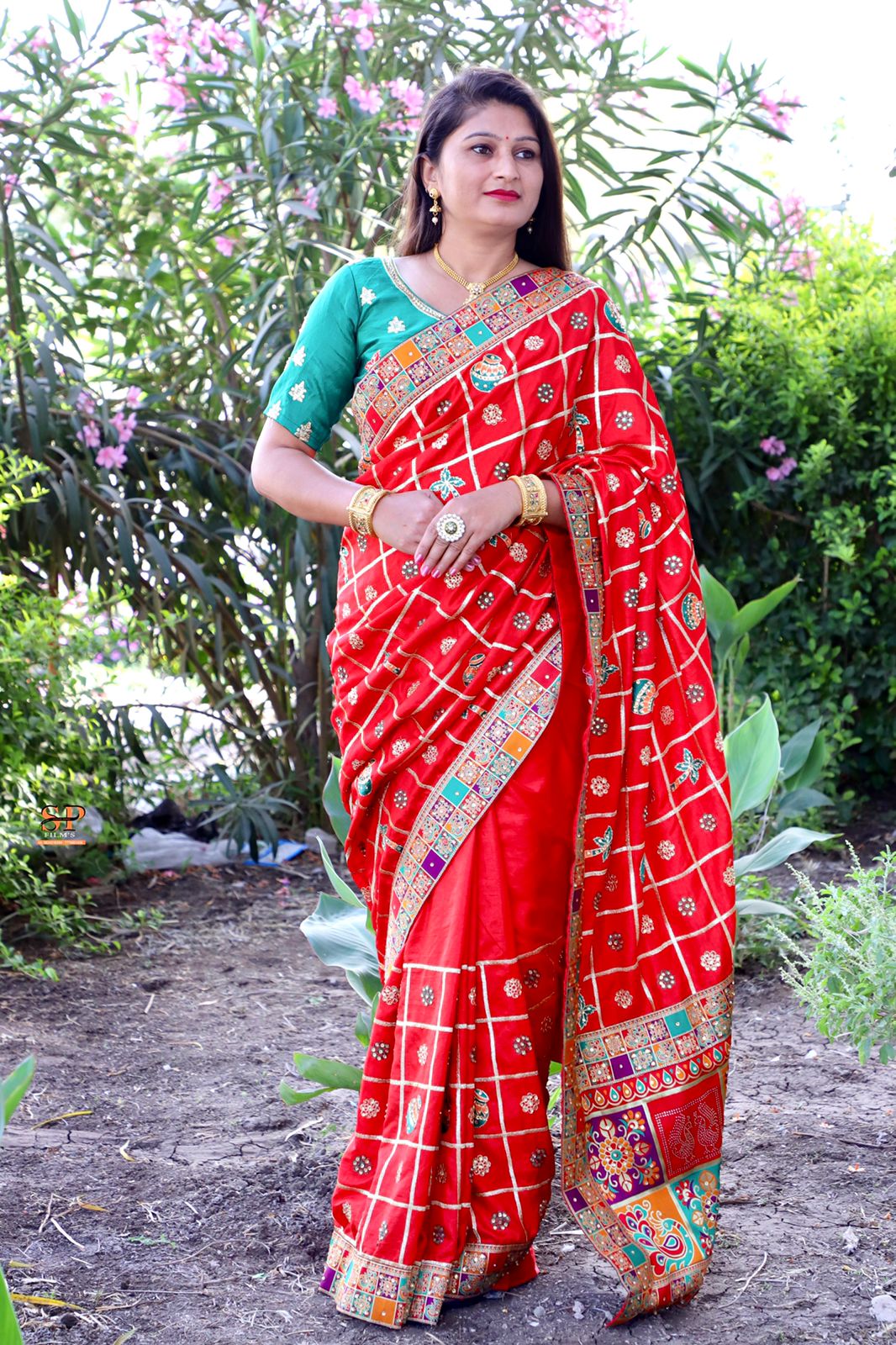 Red Dola Silk Saree with embroidery and diamond work